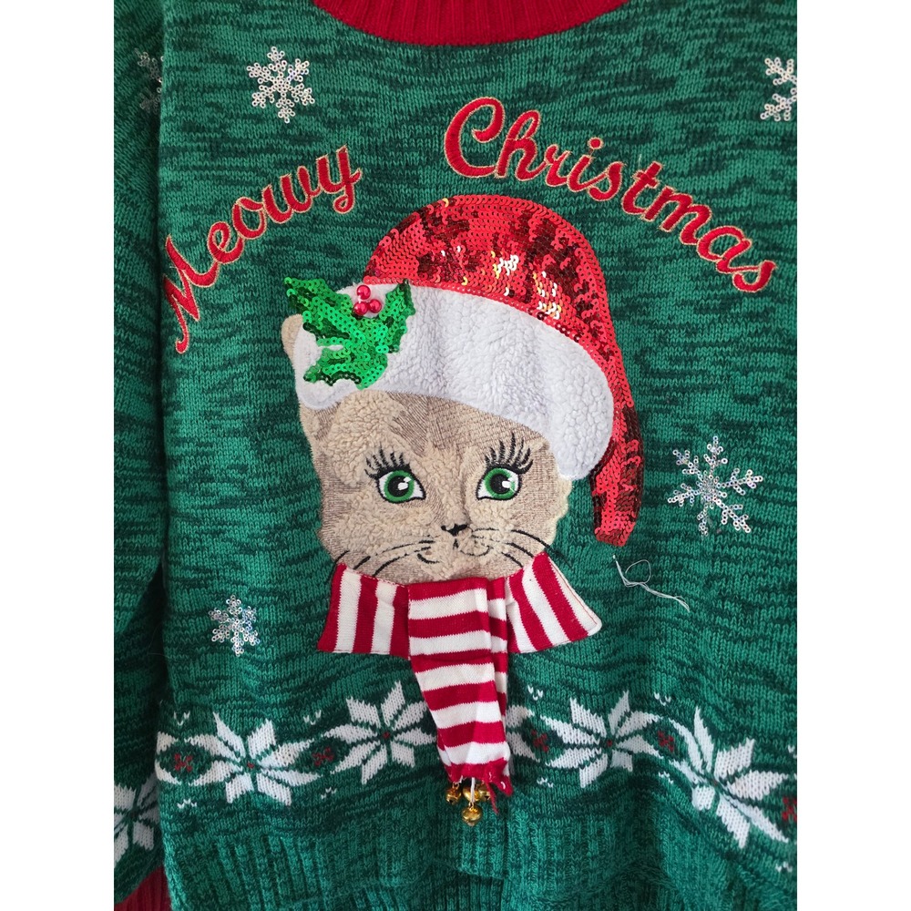 99 Jane Street Meowy Christmas Cat Sweater Green Sequin Jingle Bell Small - Picture 6 of 9